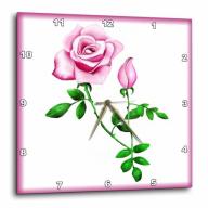 3dRose This artwork features a pretty pink rose with rosebud design and green leaves on a white background, Wall Clock, 15 by 15-inch
