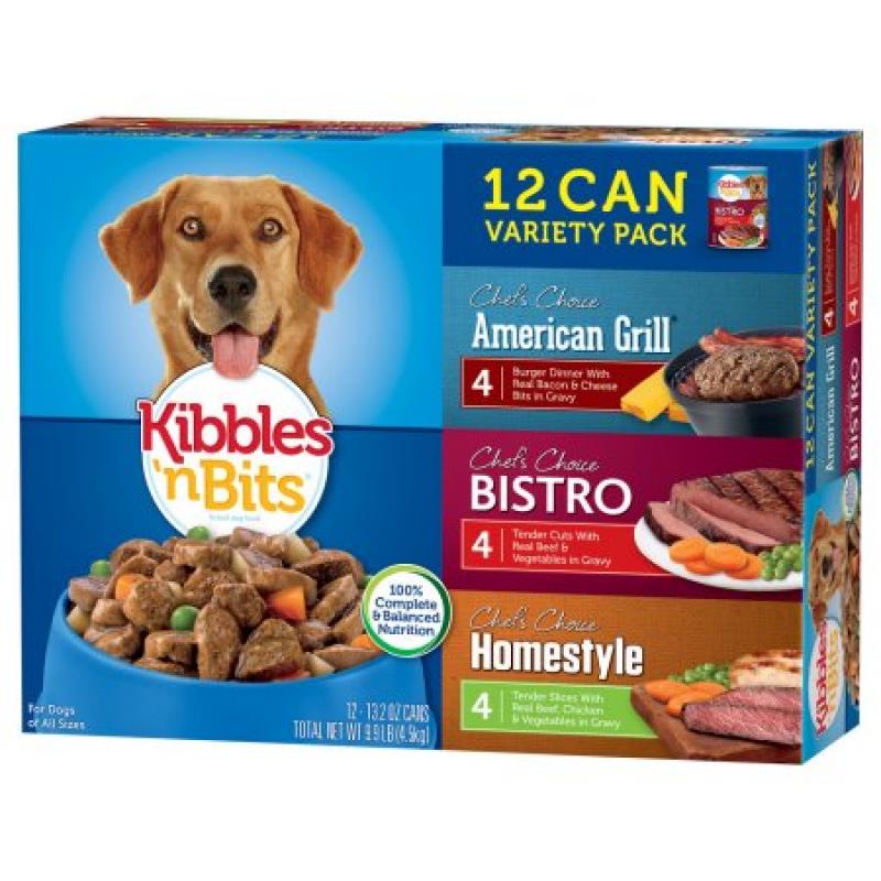 Kibbles &#039;n Bits Wet Dog Food Variety Pack Featuring Burger Dinner With Real Bacon & Cheese Bits in Gravy, 13.2-Ounce Cans (Pack of 12)