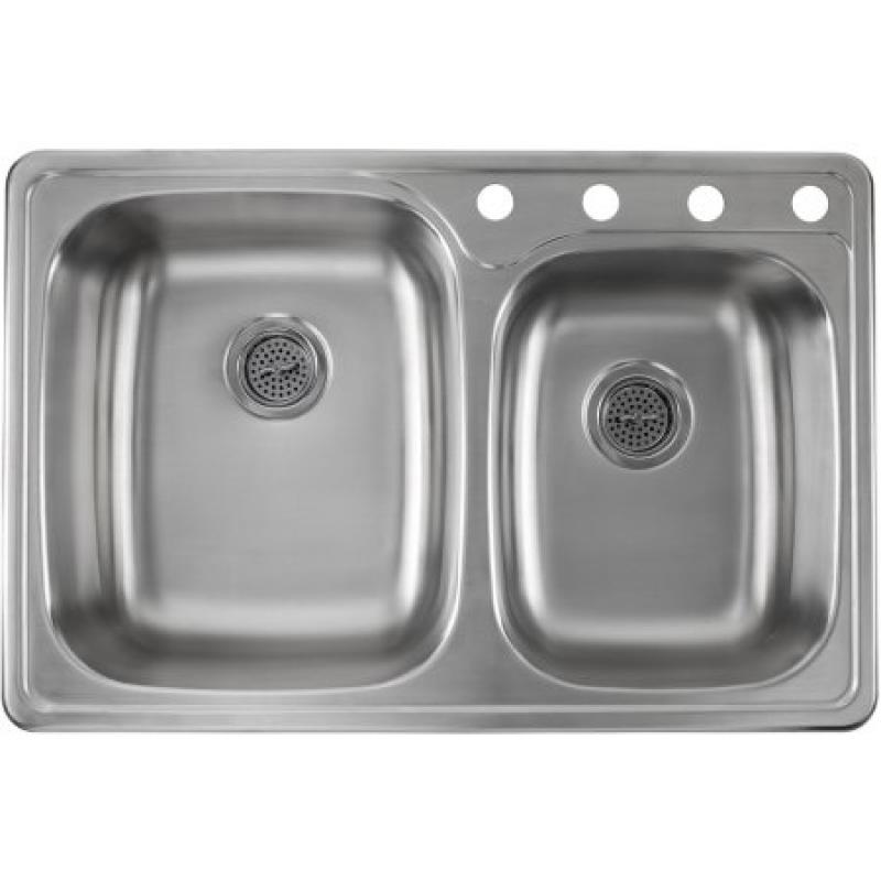 Magnus Sinks 33-1/8" x 22" 20 Gauge Stainless Steel Double Bowl Kitchen Sink with Arc Kitchen Faucet