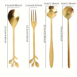 1 Set Stainless Steel Cutlery Set, Leaf Shaped Handle Spoon, Fruit Fork, European Style Golden Leaf Spoon, Cake Spoon, Mixing Spoon, For Home Kitchen Restaurant Coffee Shop Hotel, Kitchen Supplies, Tableware Accessories