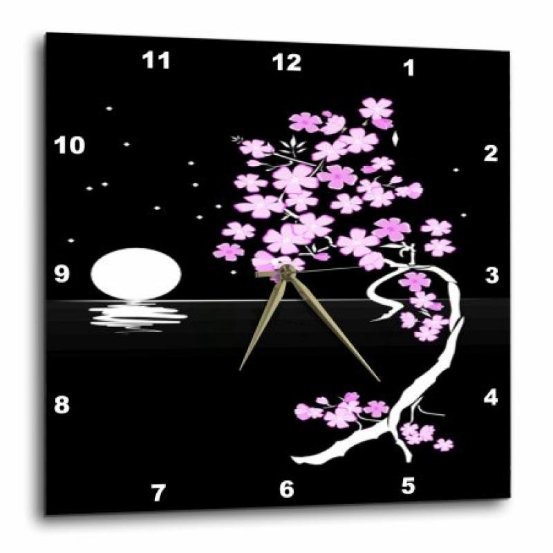 3dRose Japanese Botanical Black White n Pink Botanica n moon Art, Wall Clock, 10 by 10-inch