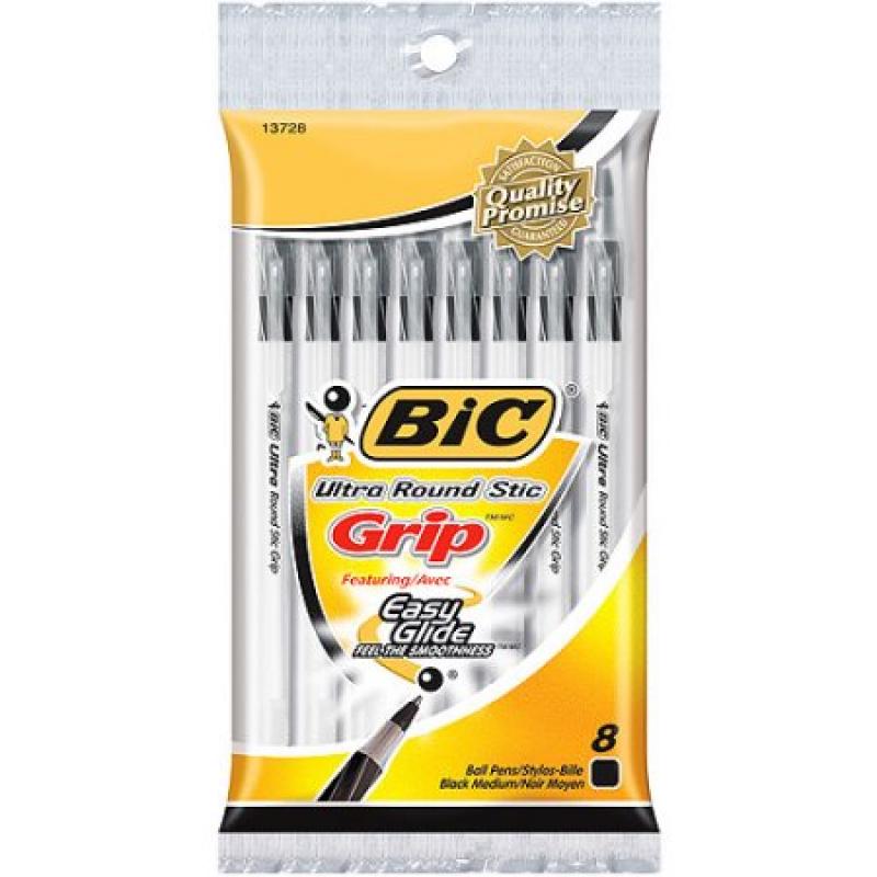 Bic Ultra Round Stic Grip Ball Pens Medium Point 8/Pkg-Black