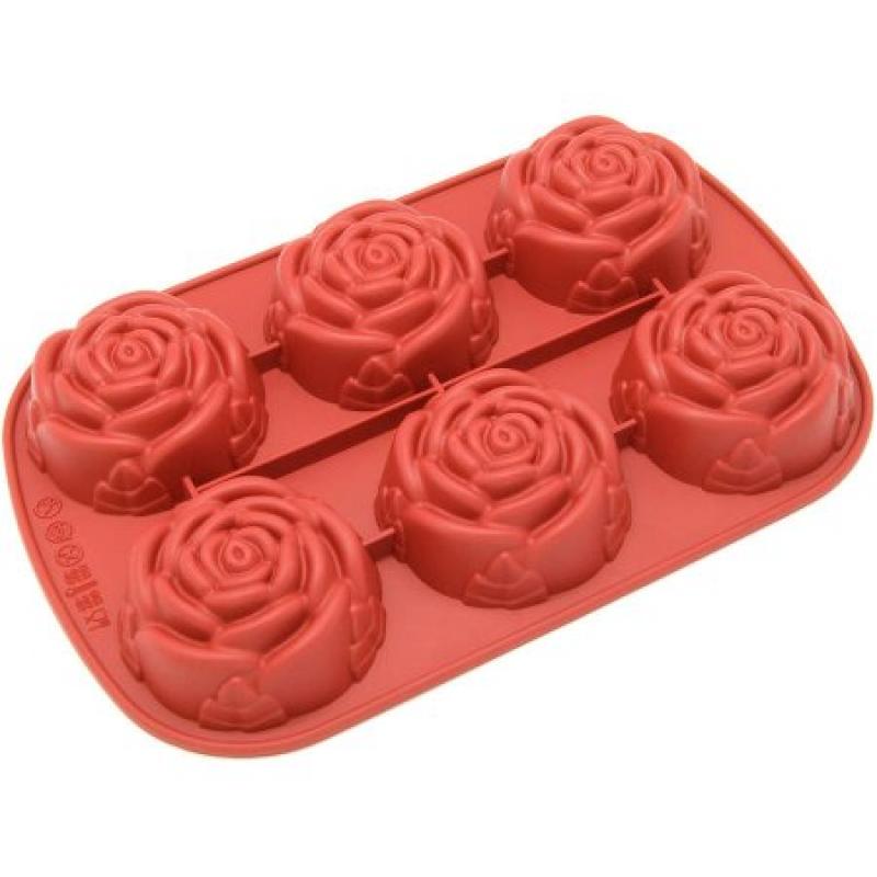 Freshware 6-Cavity Rose Silicone Mold for Muffin, Soap, Brownie, Cornbread, Cheesecake and Pudding, CB-205RD