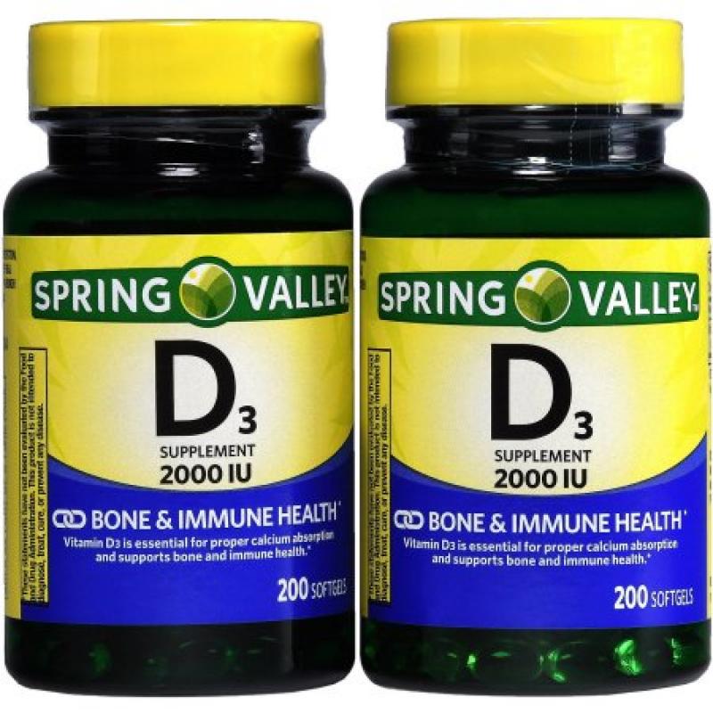 Spring Valley Vitamin D3 2000 IU Twin Pack Dietary Supplement Softgels, 400ct