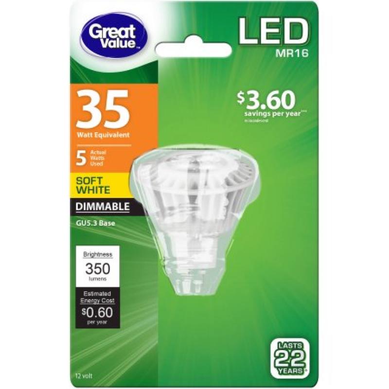 Great Value LED Light Bulb, 5W (35W Equivalent), Dimmable, Soft White, MR16,12V