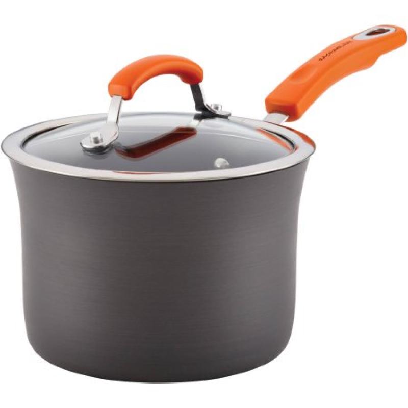 Rachael Ray Hard-Anodized Aluminum Nonstick 3-Qt Covered Saucepan, Gray with Orange Handle
