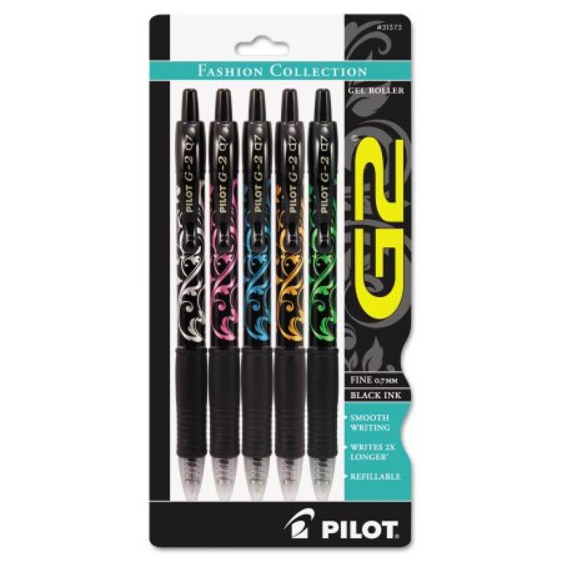 Pilot G2 Fashion Premium Retractable Gel Ink Pen, Black Ink/Asst. Barrels,.7mm, 5/Pack