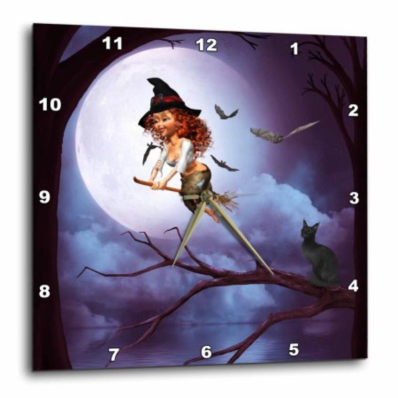 3dRose A little witch flying in the moonlight over a lake, Wall Clock, 10 by 10-inch