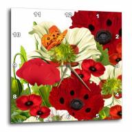 3dRose Poppies and butterflies in reds and greens, Wall Clock, 13 by 13-inch