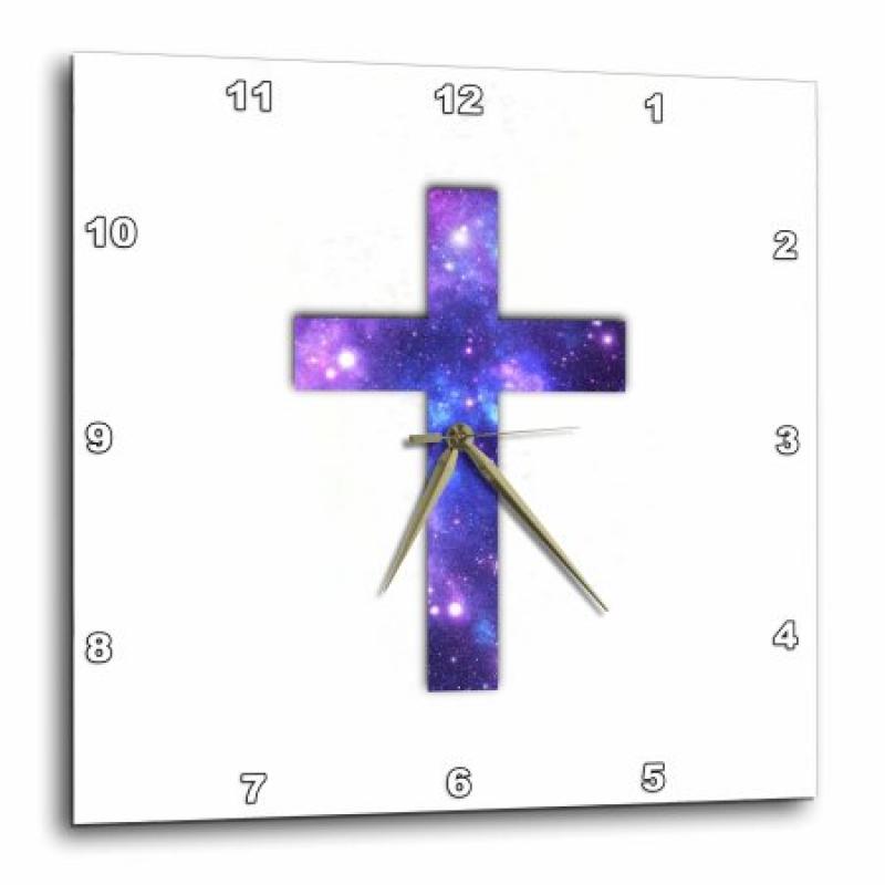 3dRose Christian Cross with purple and blue outer space star galaxy pattern, Wall Clock, 10 by 10-inch
