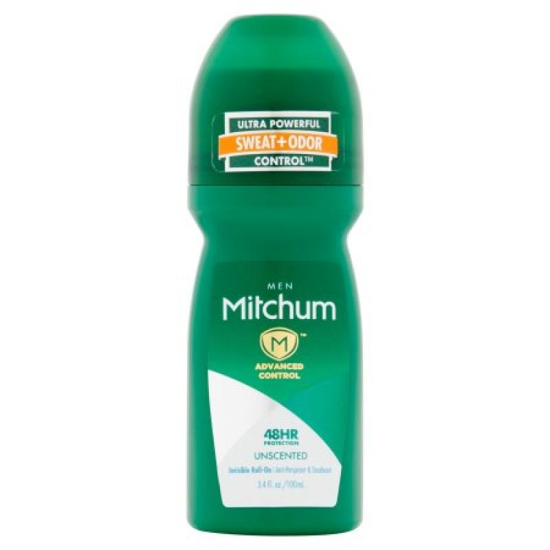Mitchum Men Advanced Unscented Invisible Roll-On Anti-Perspirant & Deodorant, 3.4 fl oz