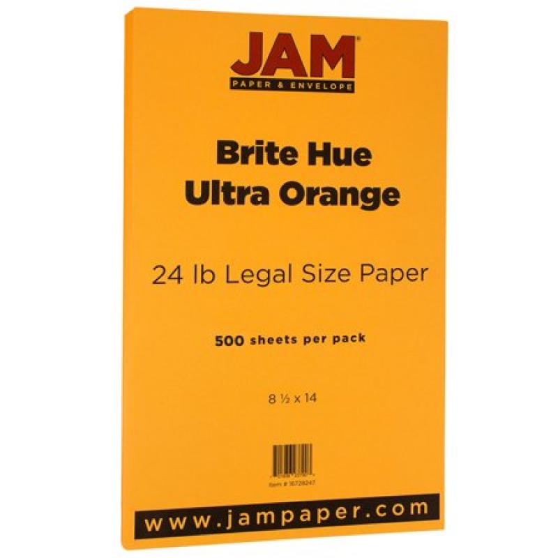 JAM Paper Recycled Legal Paper, 8.5 x 14, 24 lb Brite Hue Ultra Orange, 500 Sheets/Ream