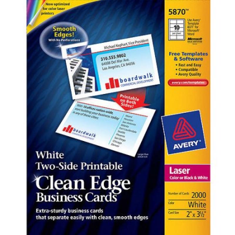 Avery Two-Side Printable Clean Edge Laser Business Cards 5870, White, 2 x 3 1/2, 10/Sheet, 2000/Box