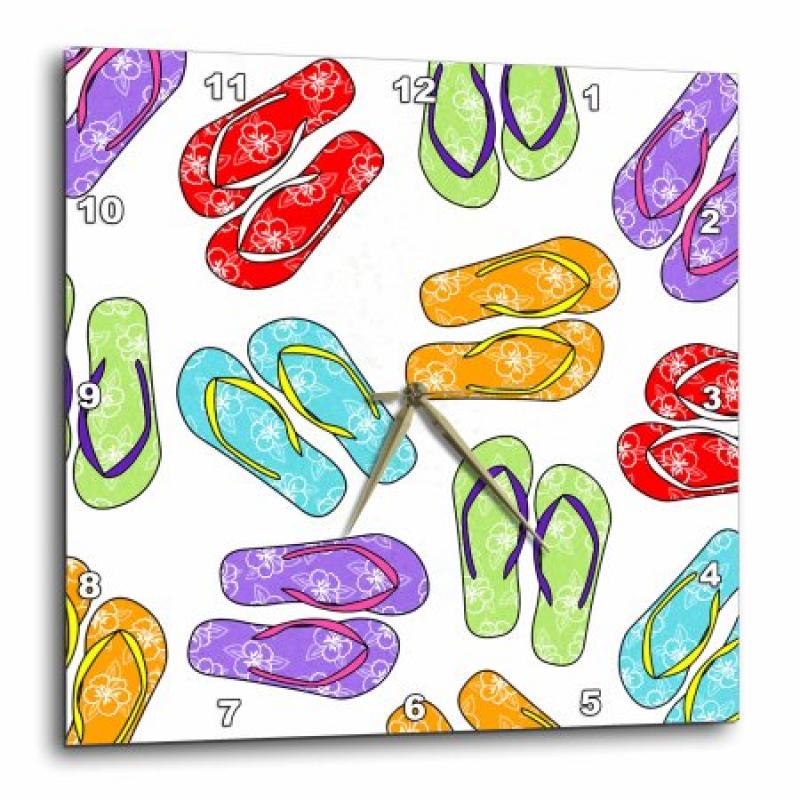 3dRose Colorful Flip Flop Print - White Background, Wall Clock, 10 by 10-inch