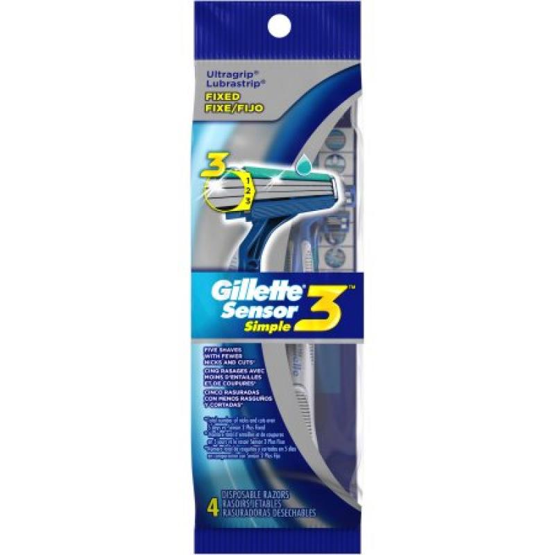 Gillette Sensor3 Simple Men&#039;s Disposable Razors, 4 count