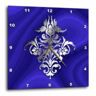 3dRose Photo of Damask Wallpaper Motif in Silver Effect over blue velvet, Wall Clock, 10 by 10-inch