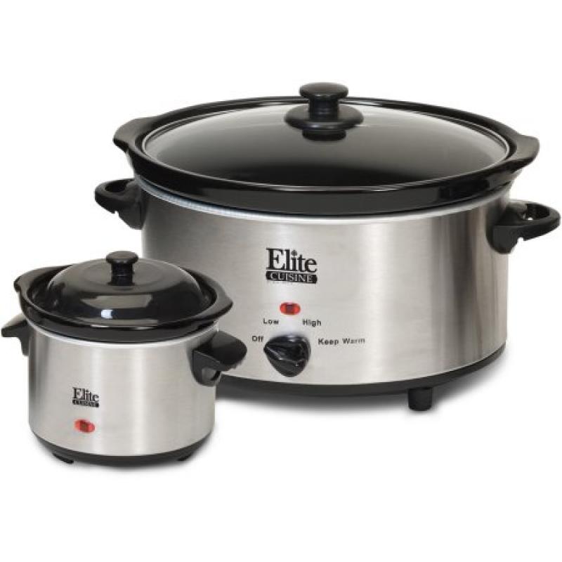 Elite Cuisine MST-500D 5 qt Slow Cooker with Mini Dipper, Stainless Steel