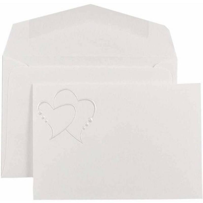 JAM Paper Wedding Invitation Sets, Small, 4.875" x 3.375", White with Pearl Hearts Design, White Envelopes, 100/pack