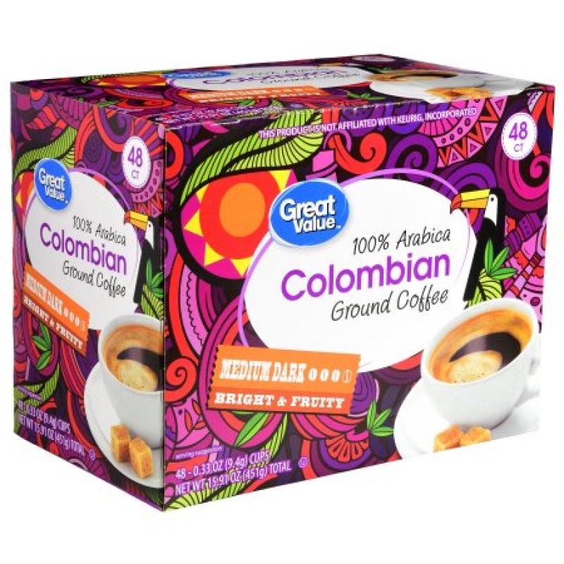 Great Value 100% Colombian Medium Dark Roast Coffee, 48 Count K-Cups