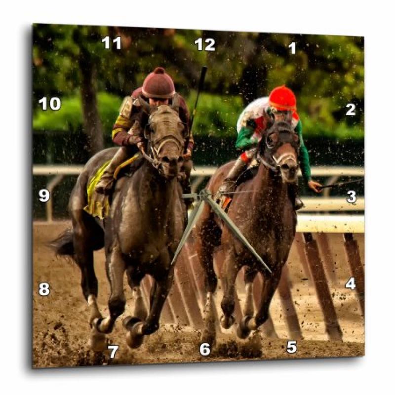 3dRose two horses and jockeys racing to finish line, mud flying., Wall Clock, 15 by 15-inch