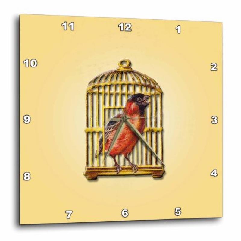 3dRose Vintage Victorian Singing Red Bird in a Gold Colored Cage, Wall Clock, 13 by 13-inch