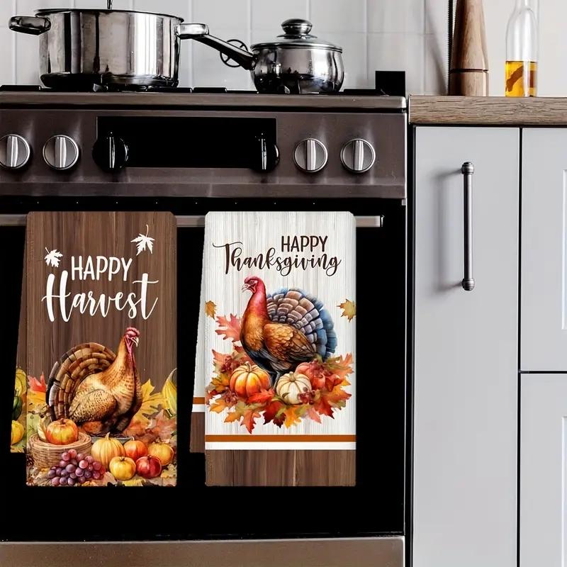 2pcs Thanksgiving Kitchen Towel Set - Pumpkin & Turkey Design, Ultra-Soft Microfiber, Highly Absorbent Dish Cloths for Cooking & Baking Decor, 18x28 Inches