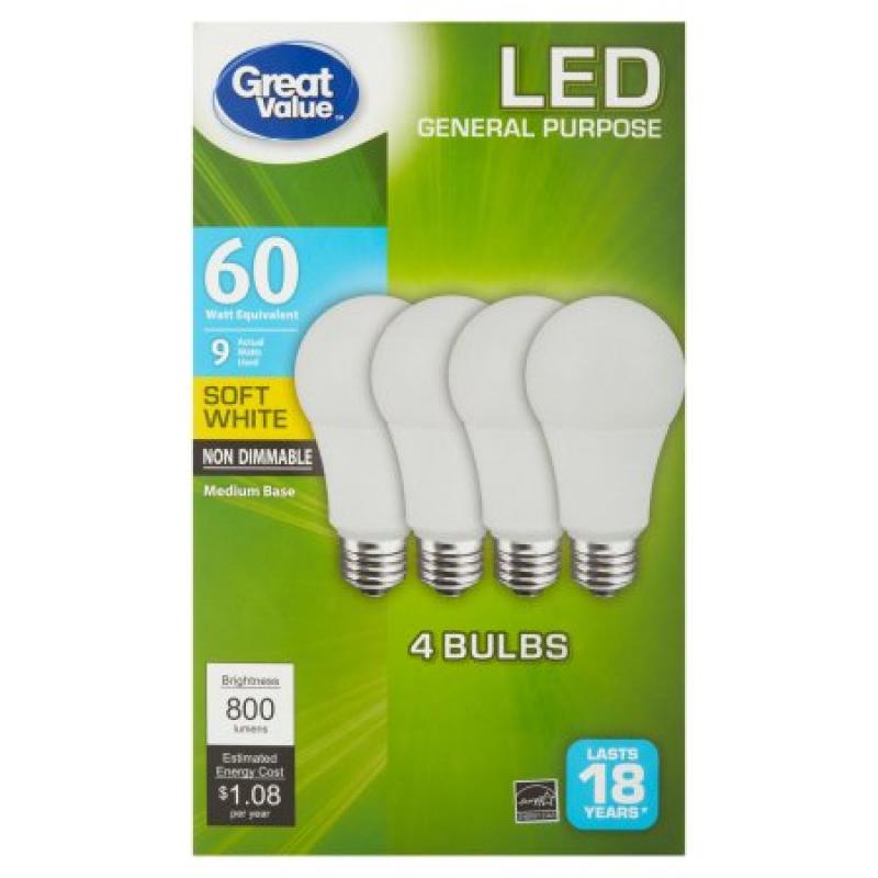 Great Value LED Light Bulb, 9W (60W Equivalent), Soft White, 4-Pack