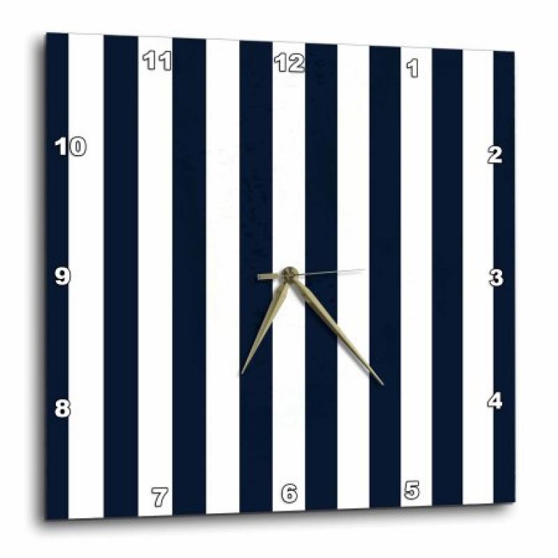 3dRose Navy Blue and White Nautical Stripes, Wall Clock, 13 by 13-inch