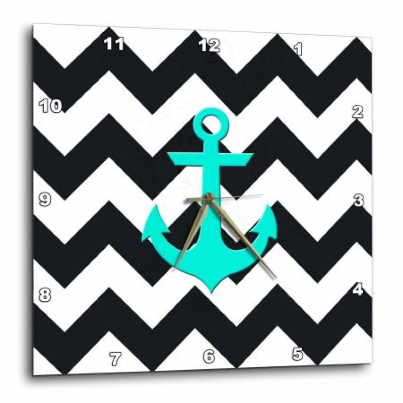 3dRose Aqua blue anchor with black and white chevron pattern, Wall Clock, 13 by 13-inch
