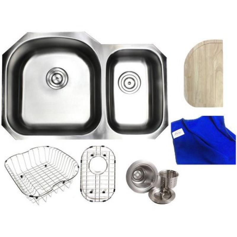 Ariel Pearl 32" Premium 16 Gauge Stainless Steel Undermount 70/30 D-Bowl Offset Kitchen Sink Complete Package