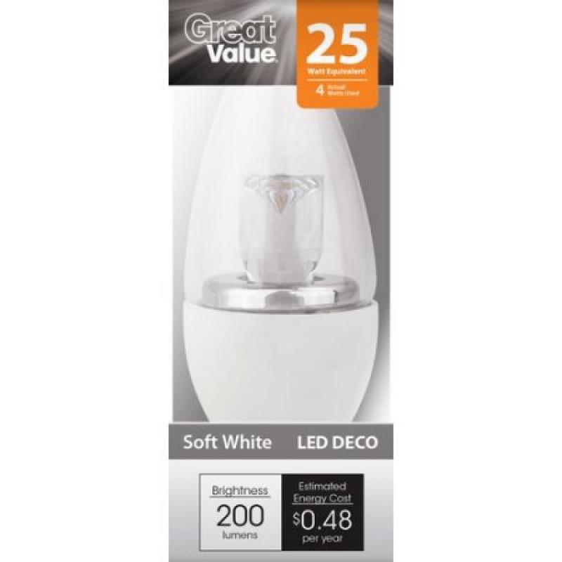 Great Value LED Light Bulb 4W (25W Equivalent) Deco (E12), Soft White