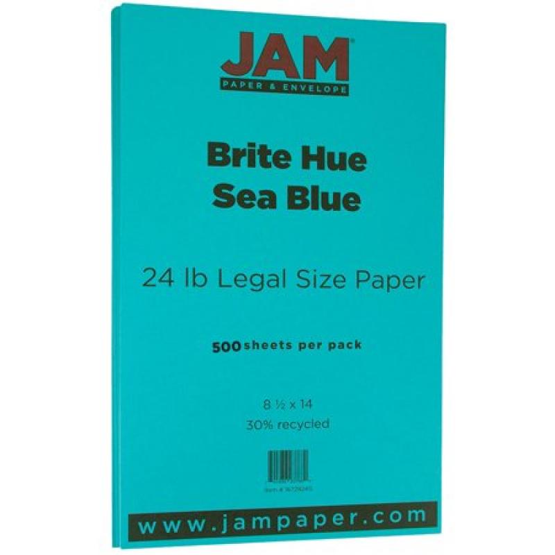 JAM Paper Recycled Legal Paper, 8.5" x 14", 24 lb Brite Hue Sea Blue, 500 Sheets/Ream