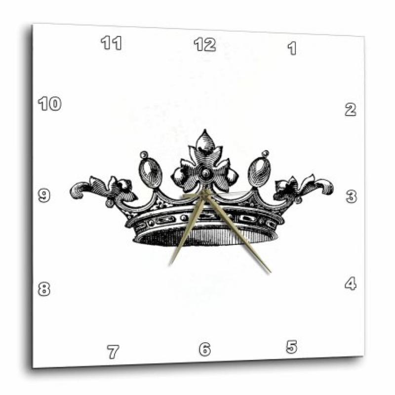 3dRose Majestic crown black and white drawing - royal tiara-like crown - vintage art - king queen princess, Wall Clock, 13 by 13-inch