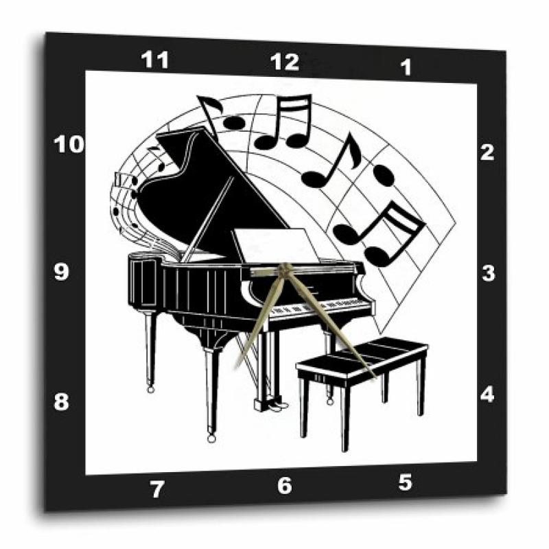 3dRose Black Piano With Dancing Notes, Wall Clock, 13 by 13-inch