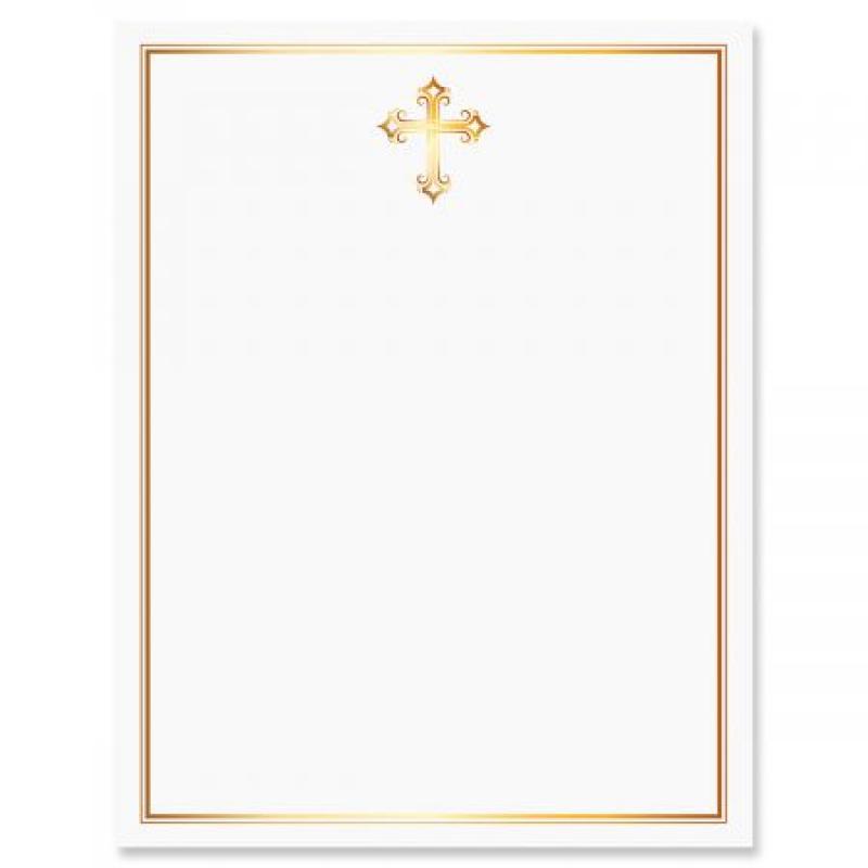 Golden Cross Faith Letter Papers - Set of 25, Religious stationery papers, 8 1/2" x 11", compatible computer paper, Christian Letterhead, Confirmation, Communion, Baptism
