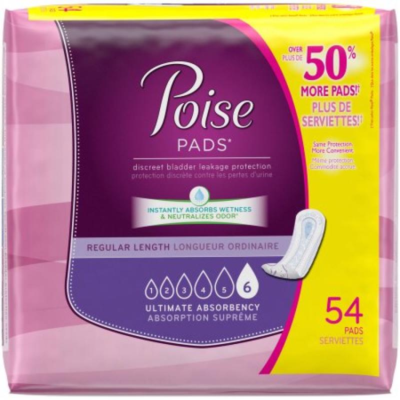 Poise Ultimate Absorbency Regular Length Incontinence Pads, 54 count