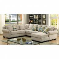 Furniture of America SKYLER Living Room Sectional Sofa Chaise Ivory Padded Chenille Fabric Beautiful Rolled Arms Gorgeous Pillows Made in USA