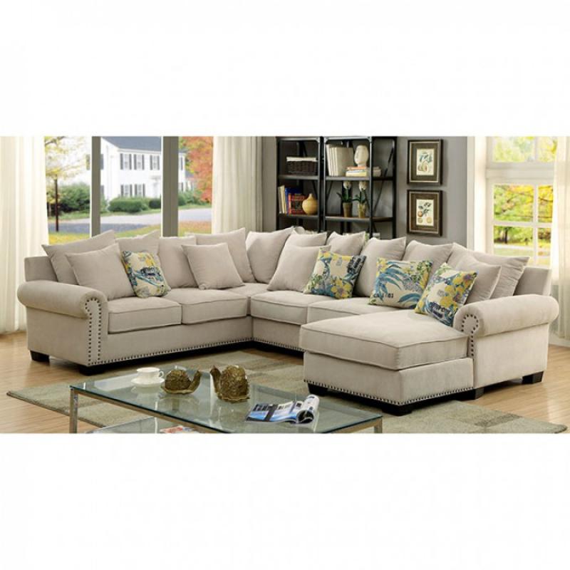 Furniture of America SKYLER Living Room Sectional Sofa Chaise Ivory Padded Chenille Fabric Beautiful Rolled Arms Gorgeous Pillows Made in USA