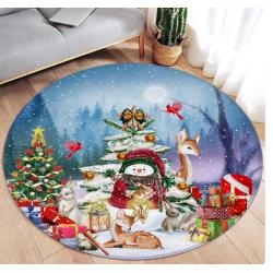 Winter Christmas Round Carpet Cute Snowman Xmas Tree Gift Rabbit Deer Forest Snowflake Home Living Room Bedroom Decor Floor Rugs