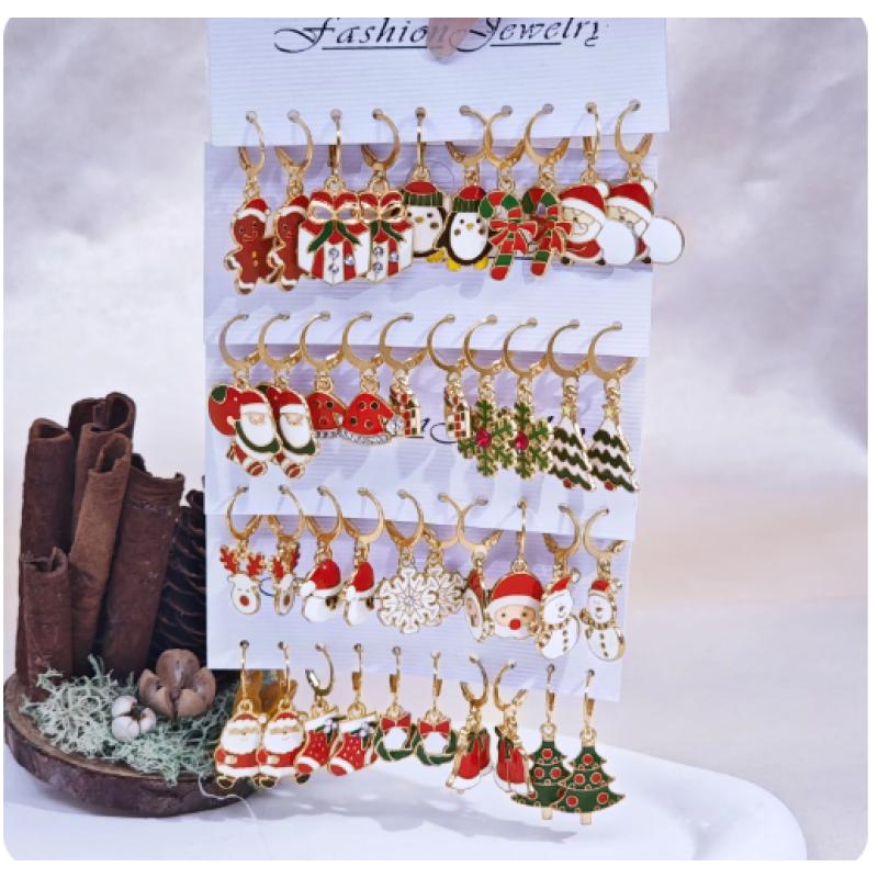 10/20/40pcs New Christmas Set Cross border Hot Selling Cartoon Dripping Oil Elk Santa Claus Christmas Tree Earrings for Women