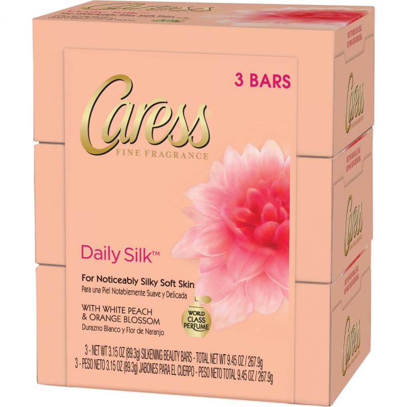 Caress Daily Silk White Peach & Silky Orange Blossom Silkening Beauty Bar Soap, 3.15 oz, 3 ct