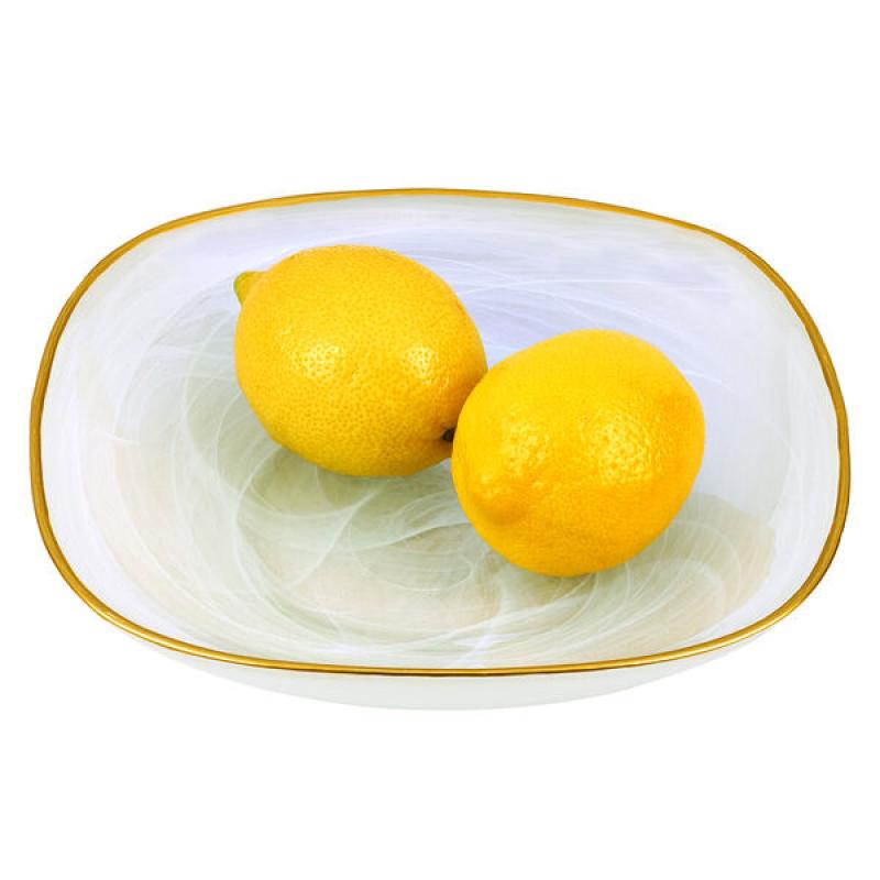 White Alabaster 8" Squarish Shallow Glass Fruit or Salad Bowl With Gold Rim