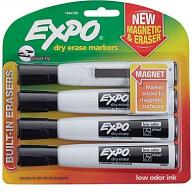 Expo® Magnetic Dry Erase Markers with Eraser, Chisel Tip, Black, 4/pk