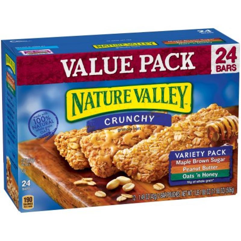 Nature Valley Crunchy Granola Bar Variety Pack of Maple Brown Sugar Peanut Butter and Oats &#039;n Honey Bars 1.49 oz 12/2-Bar Pouches 24 ct Value Pack Box