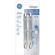 For illumination that provides light for indoor and outdoor space, the GE Halogen 500-watt T3 Two-Pack Bulbs are the solution. These heavy-duty specialty bulbs can be used in outside carriage and post lights, as well as, work lights. The GE halogen bulb g