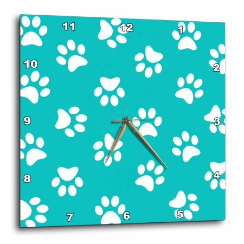 3dRose Teal blue and white Paw print pattern - turquoise pawprints - cute animal eg dog or cat footprints, Wall Clock, 10 by 10-inch