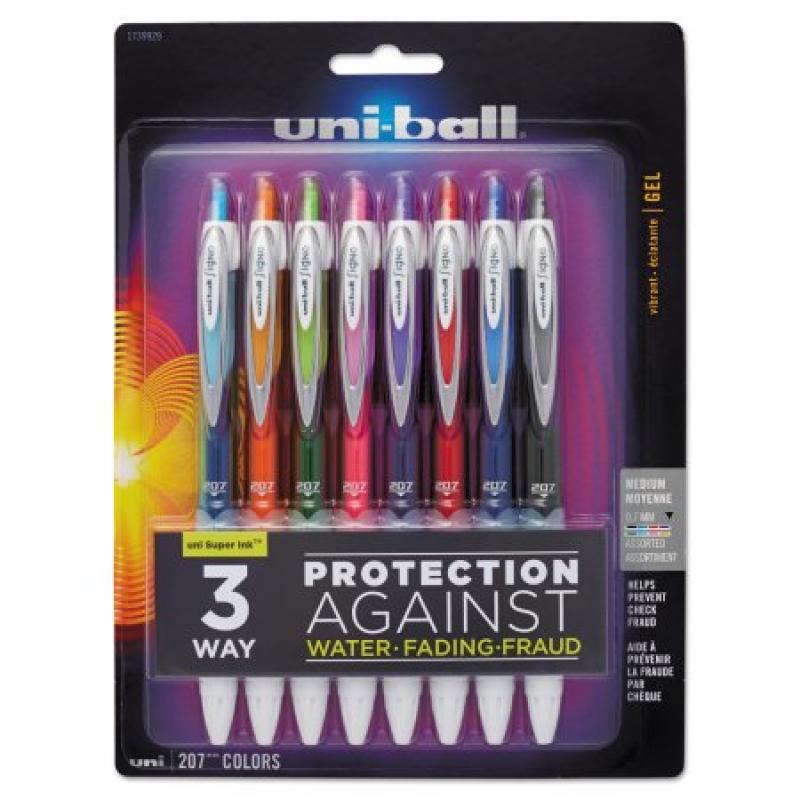 Uni-ball Signo Gel 207 Roller Ball Retractable Gel Pen, Assorted Ink, Medium, 8pk