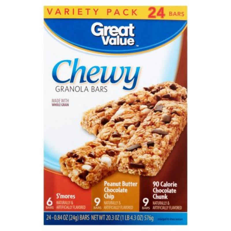 Great Value Chocolate Chunk Chewy Granola Bars Variety Pack, 0.84 oz, 24 ct