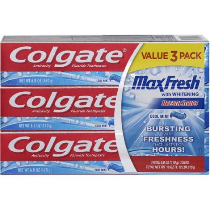 Colgate Max Fresh with Whitening Breath Strips Cool Mint Anticavity Fluoride Toothpaste, 3 count, 6 oz