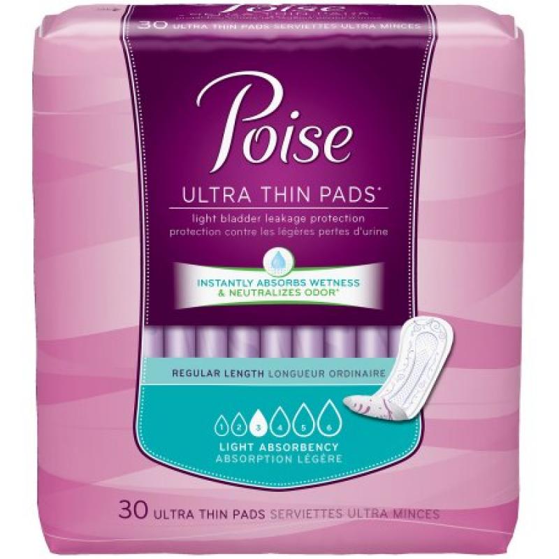 Poise Ultra Thin Incontinence Pads, Light Absorbency, Regular, 30 count